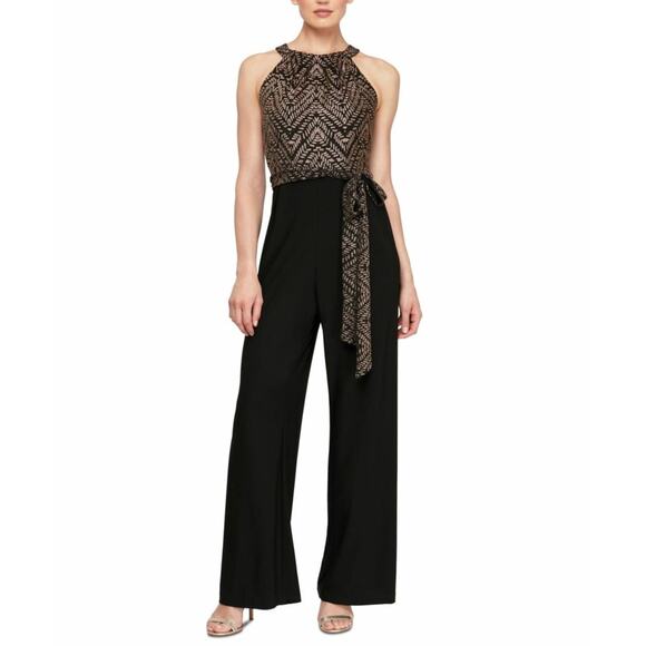 SLNY Jumpsuit Womens Size 16 Black Gold Wide Leg Glitter NWT Stretchy * - Picture 1 of 8